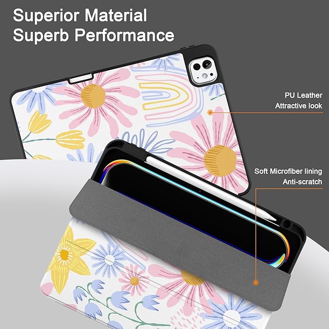 DONGKE Case for iPad Pro 11 inch (M5 2025 / M4 2024, 6th & 5th Generation) – [Built-in Pencil Holder] Ultra Slim PU Leather Trifold Stand Cover with Soft TPU Back, Auto Wake/Sleep, Colorful Florals