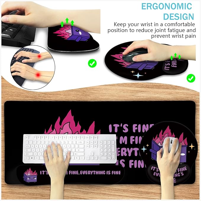 Blusabaca Dumpster on Fire Mouse Pad Desk Pad, Funny Cute Desk Mat Large Gaming Mouse Pad with Wrist Rest, Keyboard Pad Wrist Rest Ergonomic, Cup Coaster, Work Home Desk Accessories Office Supplies