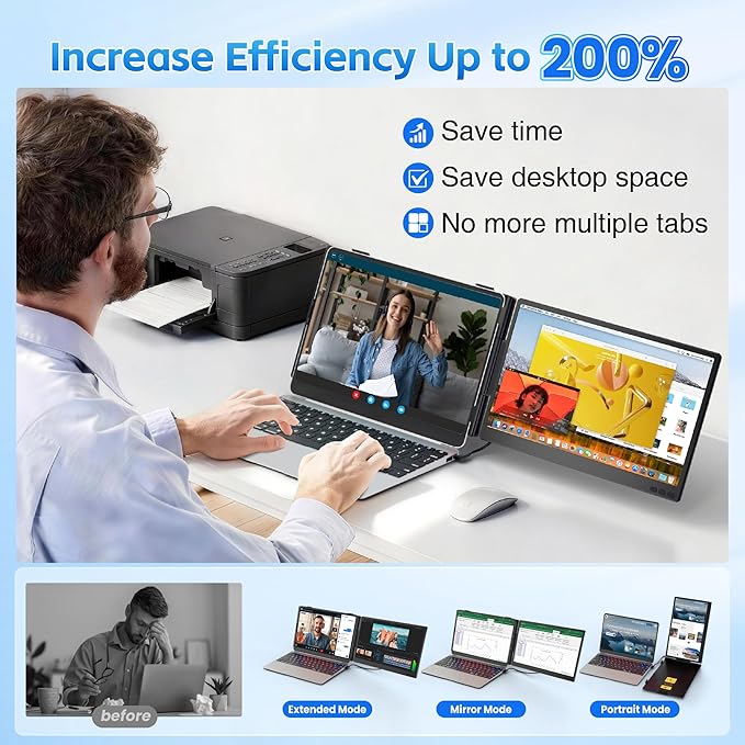 Laptop Screen Extender, Ultra-lightweight 14" FHD 1080P IPS Dual Screen, Laptop Monitor Extender with USB-C/HDMI Port, Plug and Play Portable Monitor for 13-17" Laptops (Wins/Mac/Android//Switch/PS5)