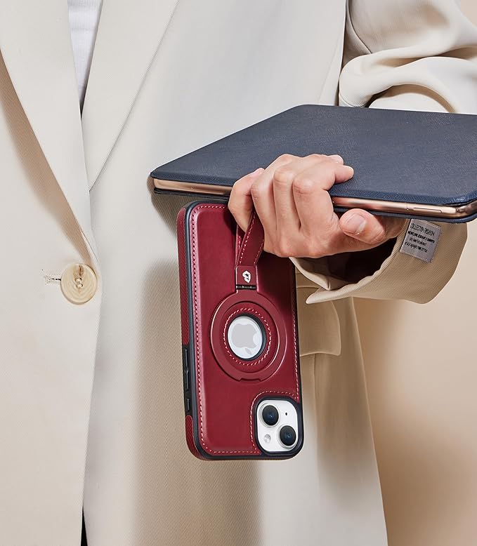 Butaiga for iPhone 15 Plus/iPhone 14 Plus Leather Case with Stand, Anti-Slip Grip Ring, Fits for MagSafe (Burgundy, iPhone 15/14 Plus)