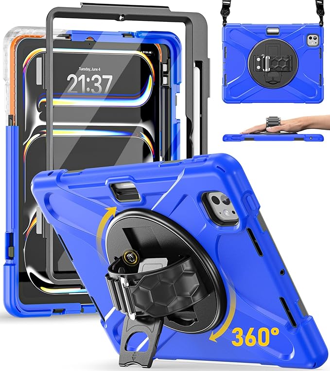 BRAECN Case for iPad Pro 11 inch M5 2025 & M4 2024, 4 Layers Heavy Duty Full-Body Protection Screen Protector Pencil Holder, 360° Rotating Handle Kickstand, Shoulder Strap Kids Friendly