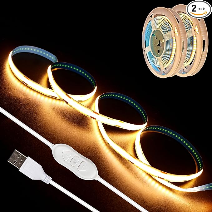 5V USB LED Strip Lights, 3.28FTx2 3Key COB Light Strip Warm White, Short LED Strip Light, Flexible Bright 5V Led Strip for Under Cabinet, Kitchen, TV Backlight, Shelves, Displays and TV Lights