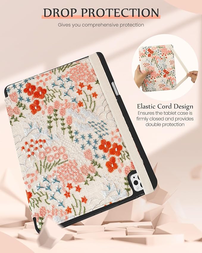 Uppuppy for iPad Air 13 Inch Case M3 2025/M2 2024, for iPad Pro 12.9 Case 6th/5th/4th/3rd Gen - Women Girls Cute Embroidered Folio Stand Cover with Pencil Holder & Card Slot Design Girly Floral Flower