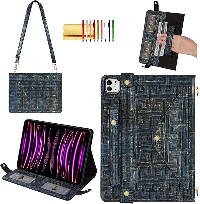 Handbag Case for iPad Pro 11" 2018-2022, iPad Air 11" 10.9" - Techcircle Vintage Maze Pattern Crossbody Folio Stand Case with Pencil/Card Holder, Hand Grip/Shoulder Strap, Retro Navy