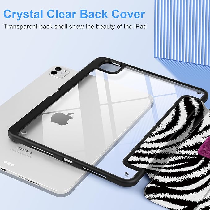 TWOLSKOO Case for iPad Pro 11-inch (M5 2025 / M4 2024), Clear Acrylic Back with TPU Bumper, Pencil Holder, Trifold Stand, Auto Sleep/Wake, Zebra Stripes