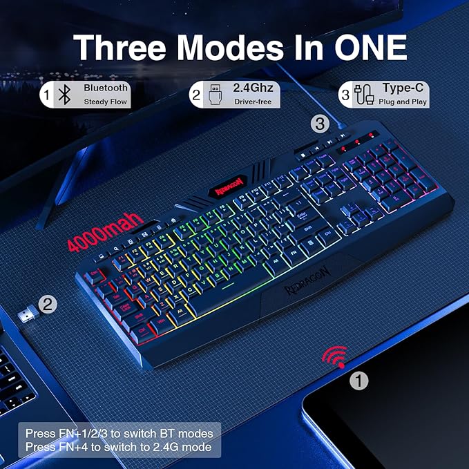 Redragon K503 Wireless Gaming Keyboard, 3-Mode (2.4G/BT/USB), RGB LED Backlit, Multimedia Keys, Fully Programmable Silent Membrane Keyboard with Wrist Rest for Windows PC Games (Black)
