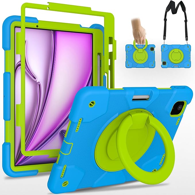Andnary Case for iPad Air 11 inch Case M4/M3/M2 (2026/2025/2024), Heavy Duty Shockproof Cover with Screen Protector, 360° Rotating Stand, Pencil Holder, Shoulder Strap (Blue+Green)