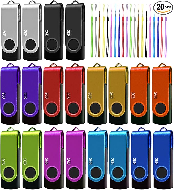 2GB USB Flash Drive 20 Pack, Nicepicten USB 2.0 Thumb Drives Zip Drive USB 2GB Memory Stick Swivel Pendrive Jump Drives Multipack with 20PCS Lanyard for Events Office (Colorful 20Pack 2 GB)