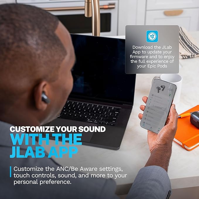 JLab Epic Pods ANC, True Wireless Earbuds, Active Noise Cancelling, Bluetooth, Black