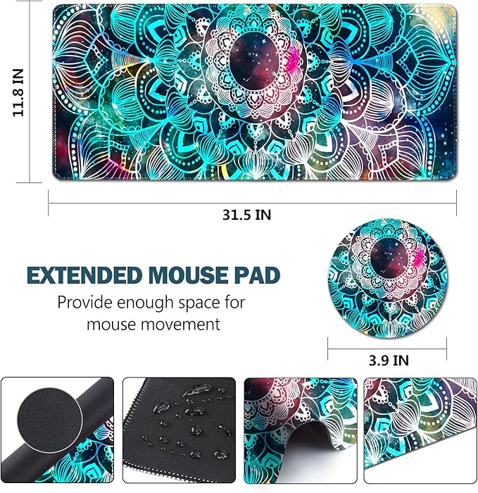 AIMSA Large Gaming Mouse Pad Extended Mouse Pad with Stitched Edge, Keyboard Mouse Mat Non-Slip Rubber Base Desk Pad 31.5x11.8 inch for Office Home Game Work, Mandala