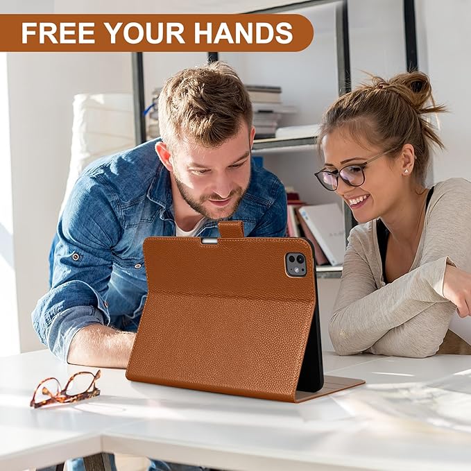 Genuine Leather Case for iPad Pro 11 inch Case (M5) 2025 / (M4) 2024 | with Pencil Holder and Adjustable Stand, Magnetic Closure, Auto Wake/Sleep Cover | Brown