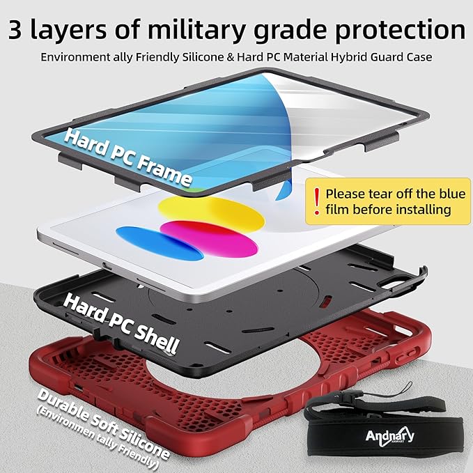 Andnary Case for iPad (A16) 11th Generation 11 inch 2025/10th Generation 10.9 inch 2022, Shockproof Cover with Screen Protector/360° Rotate Handle/Bracket/Pen Holder/Shoulder Strap (Red+Black)