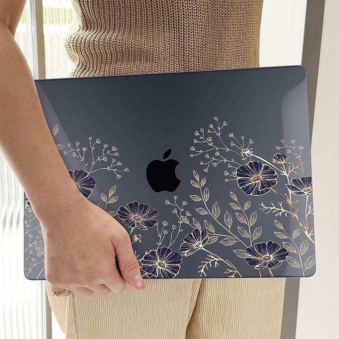 TWOLSKOO for MacBook Air 13.3 inch Case 2021 2020 2019 2018 Release M1 A2337 A2179 A1932 with Touch ID, Plastic Hard Shell Case & Keyboard Cover & Type C Adapter, Golden Flowers