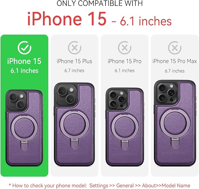 for iPhone 15 Case with Stand Compatible with Magsafe Slim PU Leather & Durable TPU Drop Proof Magnetic Kickstand Protective Phone Cover with Tempered Glass Screen Protector 6.1", Purple