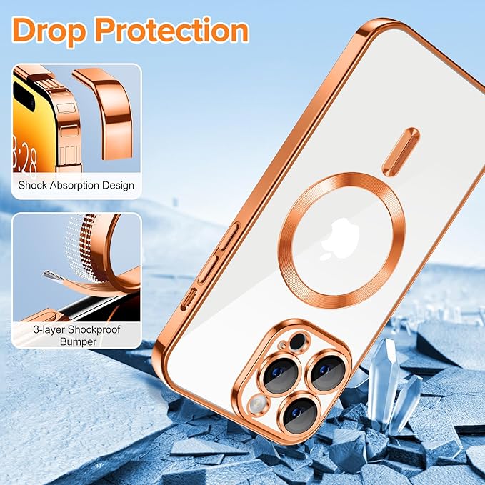 Hython Magnetic Clear for iPhone 14 Pro Max Case with Camera Lens Protector [Compatible with MagSafe] Plating Edge Slim Soft TPU Cover Protective Phone Case for iPhone 14 Pro Max 6.7", Orange