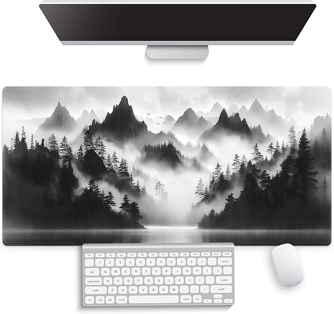 Large Gaming Mouse Pad (31.5" x 15.8") - Foggy Forest Misty Mountain Landscape Painting Black and White Wonderland, Extra XXL Extended Office Accessories, Premium Stitched Anti-Slip Desk Mat