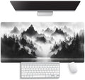Large Gaming Mouse Pad (31.5" x 15.8") - Foggy Forest Misty Mountain Landscape Painting Black and White Wonderland, Extra XXL Extended Office Accessories, Premium Stitched Anti-Slip Desk Mat