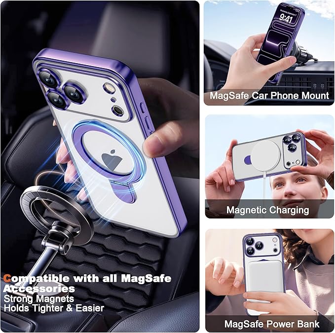 Compatible with iPhone 17 Pro Case with Invisible Magnetic Ring Stand [Compatible with Mag-Safe] [Full Camera Lens Protector] Plating Clear Phone Case for iPhone 17 Pro 6.3", Purple