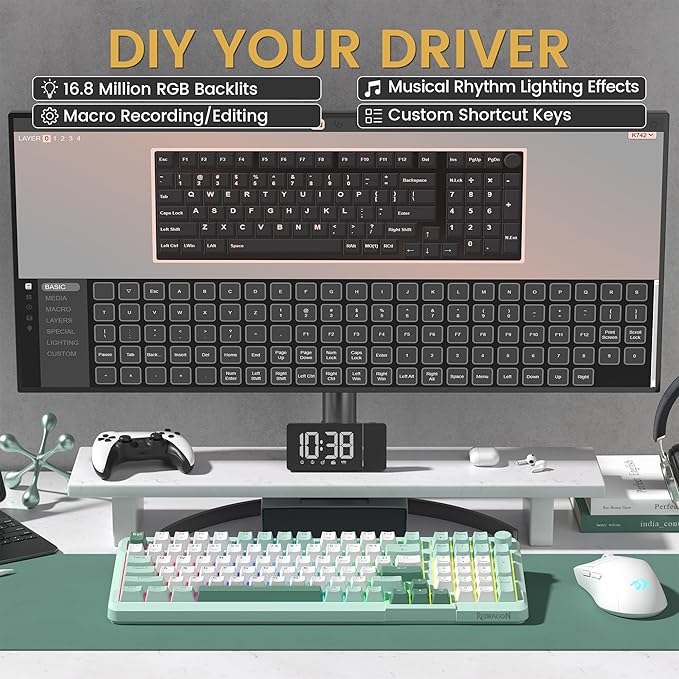 Redragon K742 Wireless Mechanical Gaming Keyboard with Knob, Bluetooth 5.0/2.4GHz/USB C Wired Creamy Keyboard with Number Pad for PC Computer, RGB Backlits, Hot-Swappable with Linear Switches (Green)