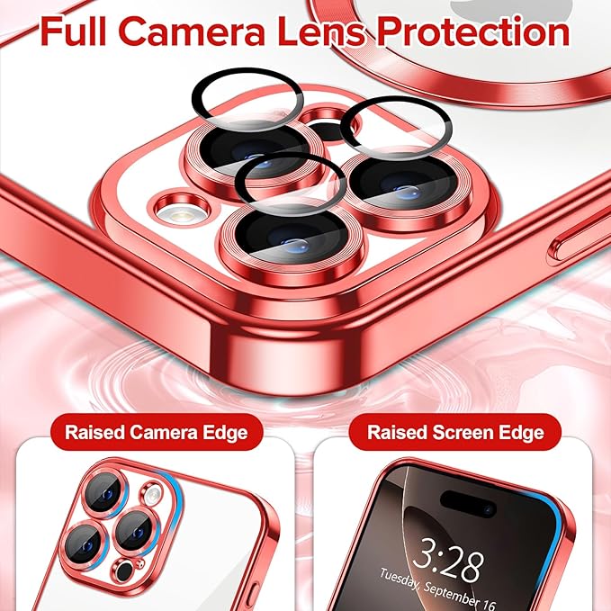 Hython Magnetic Clear for iPhone 16 Pro Case with Camera Lens Protector [Compatible with MagSafe] Luxury Plating Edge Slim Soft TPU Cover Protective Phone Case for iPhone 16 Pro 6.3", Red
