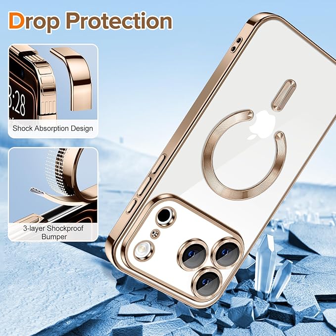 Hython Magnetic Clear for iPhone 17 Pro Case with Camera Lens Protector [Compatible with MagSafe] Luxury Plating Edge Slim Soft TPU Cover Protective Phone Case for iPhone 17 Pro 6.3", Desert Brown