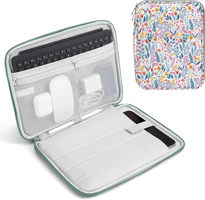 TiMOVO 9-11" Tablet Sleeve Bag for iPad 11-inch A16 2025, iPad 10.9"/10.2"| Air 11 Inch/5th/4th Gen. 10.9", Galaxy Tab A9+/A11Plus 11", Protective Bag with Pockets, Flowers