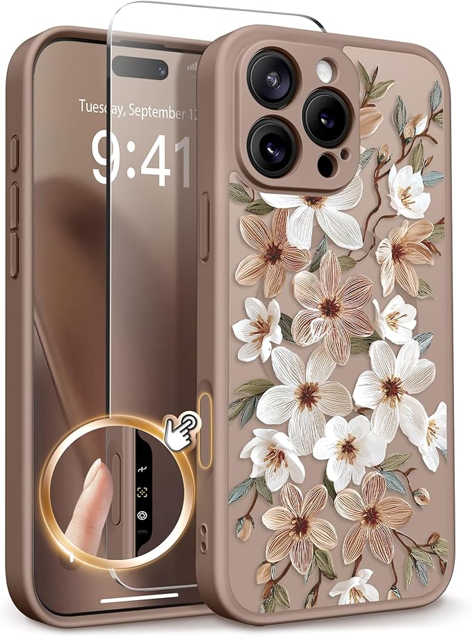 GVIEWIN for iPhone 16 Pro Max Case Compatible with MagSafe, [Military Grade Protection] [Screen Protector] Full Camera Protection Floral Translucent Women Magnetic Phone Case, Dogwood/Brown