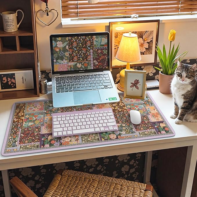 iCasso Floral Desk Pad Mat, Large Mouse Pad, Desk Matt for Desktop, Anti-Slip XXL Big Mousepad with Stitched Edges for Computer Keyboard (Brown)