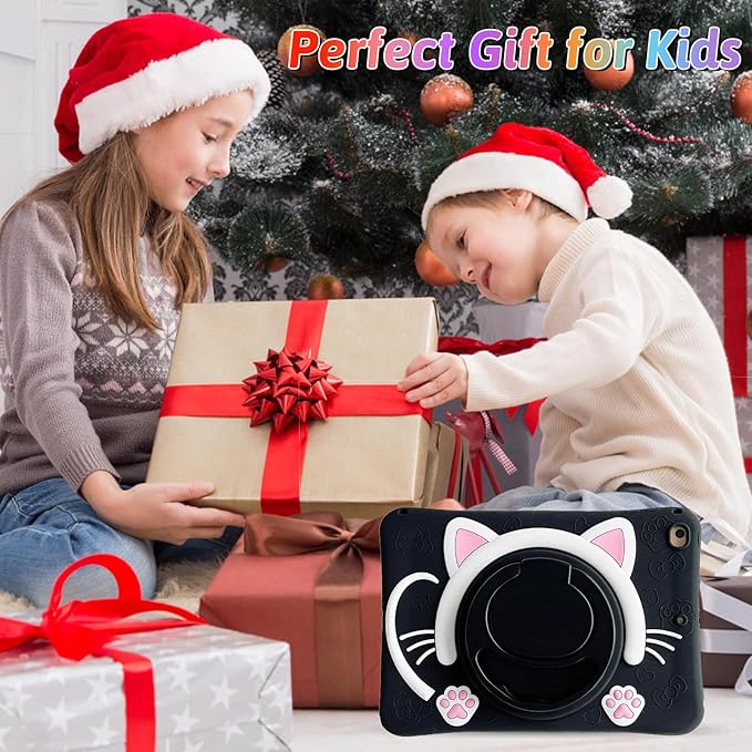 Dteck for iPad 9th/8th/7th Generation Case 10.2",Cute Cartoon Funda 3D Unique Design Light Rotating Handle Stand Shoulder Strap Soft Silicone Drop Rugged Shockproof Protective Kid-Proof Case,Black Cat