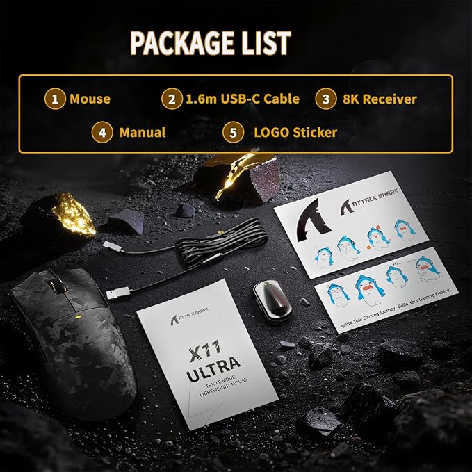 ATTACK SHARK X11 Ultra 8K Carbon Fiber Wireless Gaming Mouse,Nordic 54L15 MCU,PAW3950MAX Sensor,59g Superlight,42000 DPI,BT/2.4Ghz/Wired Mouse with 100 Million Clicks,Programmable for Pc/Mac,Black