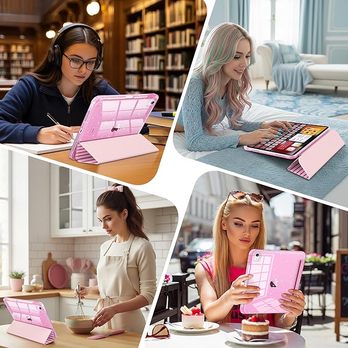 DONGKE for iPad Pro 11 inch Case – Fits M5 2025 / M4 2024, Shockproof Sparkling Glitter Acrylic Back, Pencil Holder, Trifold Stand, Auto Sleep/Wake & Touch ID Support - Pink Stripes
