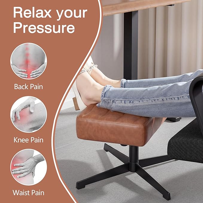 VECELO Under Desk Footrest, PU Ergonomic Foot Rest with Comfort Padding, Height Adjustable for Relieving Leg Pain, Stiffness, and etc, Brown