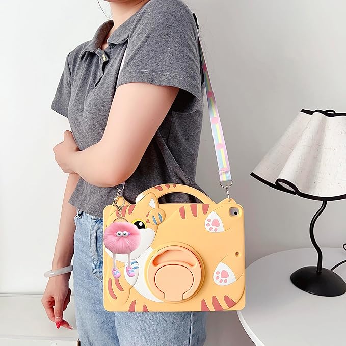 3D Cute Vivid Cat Case for iPad mini 1st 2nd 3rd 4th 5th Gen 7.9 inch,Kawaii Cartoon Character Pretty Cat Soft Silicone Rotating Stand Case with Lanyard for Kids Teens Girls Women