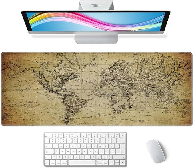 Gaming Mouse Pad Large, Keyboard Mouse Mat Desk Pad, Non-Slip Rubber Base with Stitched Edges Mousepad, 31.5X11.8 inch Vintage Retro World Map