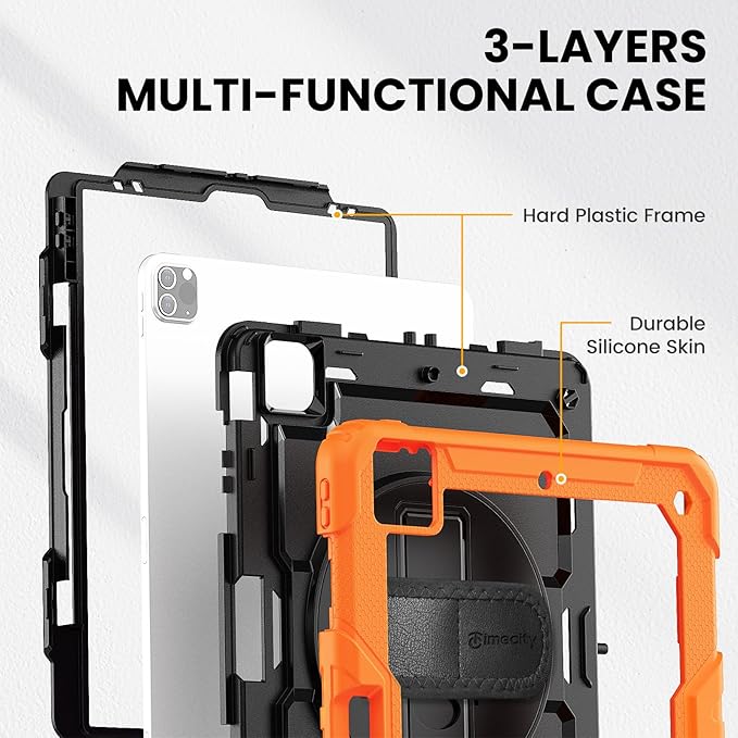 Timecity for iPad Pro 12.9 Case 6th/5th/4th/3rd Gen, 360° Rotating Stand, Pencil Holder & Wireless Charging, Shockproof with Screen Protector & Shoulder Strap - for Designers & Professionals - Orange