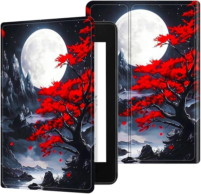 for 6.8" Kindle Paperwhite (11th Generation 2021) and Kindle Paperwhite Signature Edition Case, Slim Kickstand Stand Leather Smart Cover with Auto Wake/Sleep, Red Leaf Moon