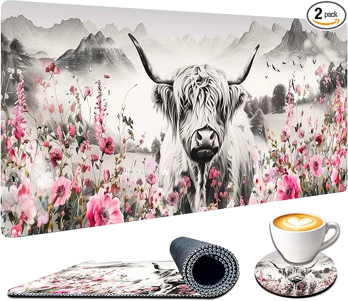 Extra Large Mouse Pad for Desk 35.4 X 15.7 Full Desk Pad for Keyboard and Mouse Mat Desktop Decor and Accessories XXL Mouse Pad for Home Office Mousepad Scottish Highland Cow