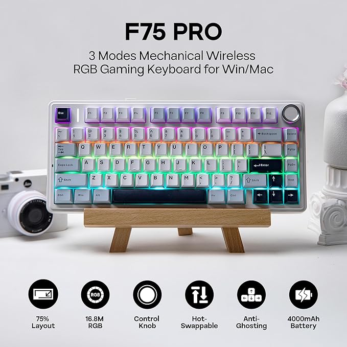 MechLands Aula F75 PRO 75% Wireless Gaming Keyboard, Gasket Mechanical Custom Keyboard with Five-Layer Padding, BT/2.4GHz/USB-C, Hot Swappable, Knob, RGB, Reaper Switches (White Blue)