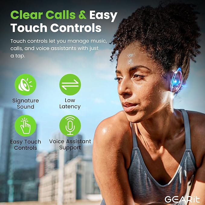 GEARit True Wireless Earbuds Compatible with iPhone & Android - 20H Playtime - HD Sound Clarity - IPX5 Water-Resistant & Sweatproof - Secure All-Day Fit Workout Ear Buds - Wireless Bluetooth Earbuds