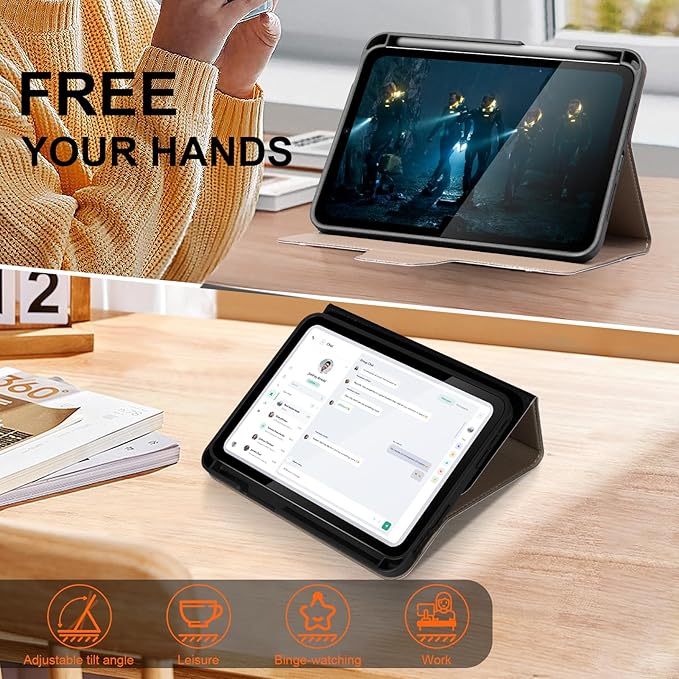 for iPad mini 7 (A17 Pro) 2024 iPad mini 6th Generation 2021 with Pencil Holder,Smart Leather Cover with Buckle, Protective, Auto Wake/Sleep, Adjustable Stand, Multiple View Angles, Black