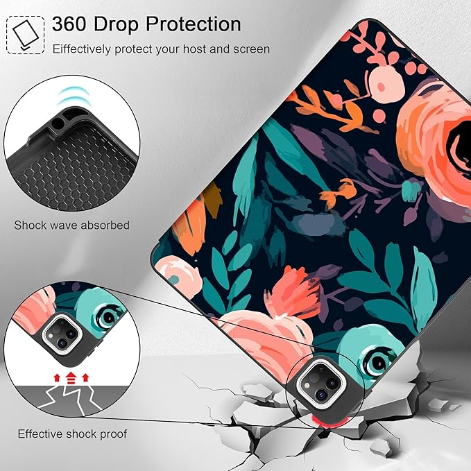 May Chen Case for iPad Pro 11 inch (4th, 3rd, 2nd & 1st Gen) 2022 2021 2020 2018, Trifold Stand + Pencil Holder + Auto Wake/Sleep + Soft TPU Protective Stand Back Cover, Bright Flowers