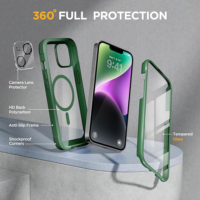 Miracase Glass Series Designed for iPhone 14 Plus Case 6.7 inch, 2023 Upgrade Full-Body Magnetic Clear Case with Built-in 9H Tempered Glass Screen Protector,Compatible with MagSafe,Green