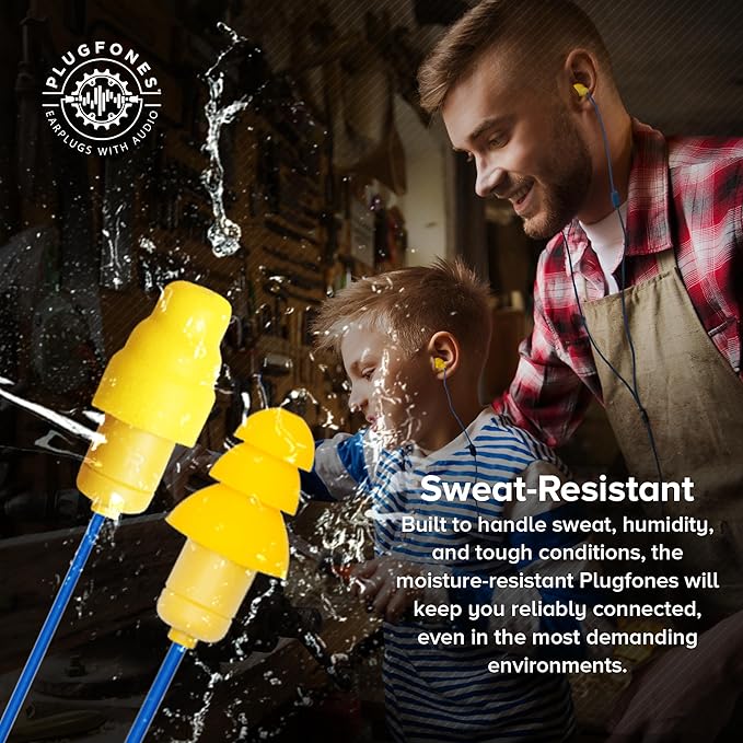 Plugfones Guardian Earplug Headphones - OSHA Approved Noise Isolating in-Ear Earbuds with Hearing Protection - Wired Hybrid for Work and Travel - Includes Silicone and Foam Earplugs - Blue & Yellow