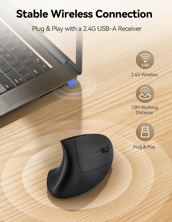 TECKNET Rechargeable Wireless Ergonomic Mouse,2.4GHz USB Vertical Mouse with Silent Click,4800 DPI Mouse with 6 Adjustable DPI,6-Button Computer Mouse for Laptop,PC, MacBook (No Batteries Needed)