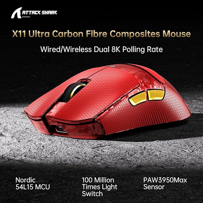 ATTACK SHARK X11Ultra 8K Carbon Fiber Wireless Gaming Mouse with 42000 DPI-PAW3950 MAX Sensor-63g Lightweight,Nordic 54L15 MCU Chip,Wired/BT/2.4Ghz,100 Million Clicks,Programmable for PC FPS(Red+Tape)