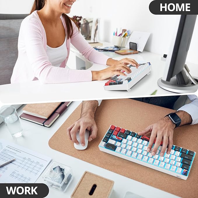 Protable 60% Percent Gaming Keyboard Mechanical, Mini Compact Ice-Blue LED Backlit 68 Keys Wired Office Keyboard with Red Switch for Mac/Win/PS4/PS5（68White/red Switch）
