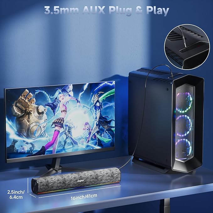 SOULION Bluetooth Computer Speakers with Dynamic LED Light, USB Plug & Play PC Speakers with Switch Button, Clearly Sound Soundbar for Desktop Laptop Monitor MG(USB-C to USB Adapter Included)