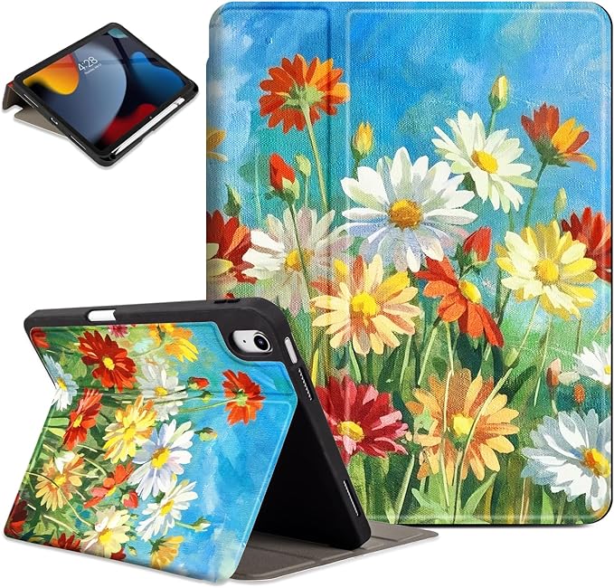 Lokigo New for iPad (A16) 11th Generation Case 11 Inch 2025, iPad 10th Generation Case 10.9 inch 2022 with Pencil Holder, Support Touch ID, Oil Painting Daisy