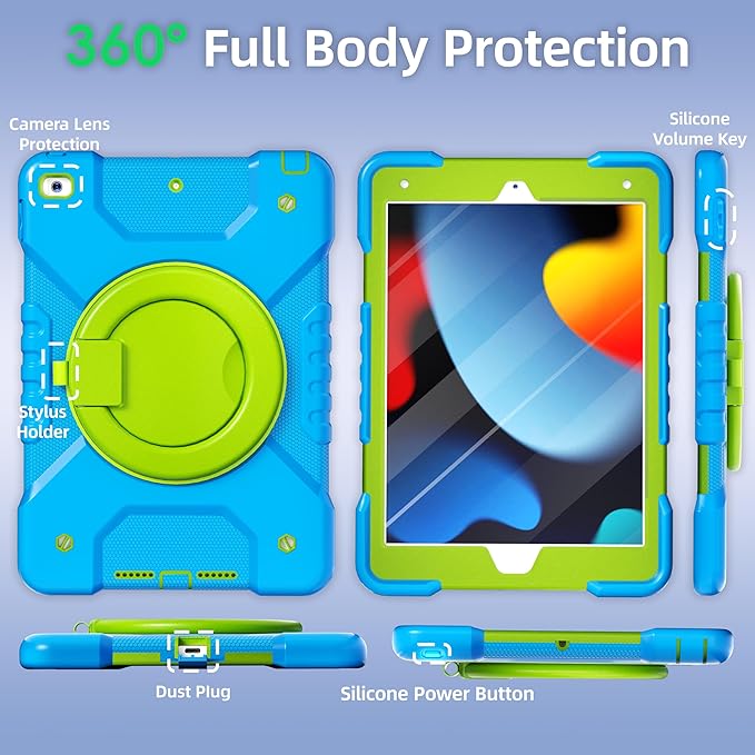 Andnary Case for iPad 9th/8th/7th Generation 10.2 inch, Shockproof Cover with Screen Protector/360° Rotating Handle/Bracket/Pen Holder/Shoulder Strap, Kids Case for iPad 2021/2020/2019 (Blue+Green)