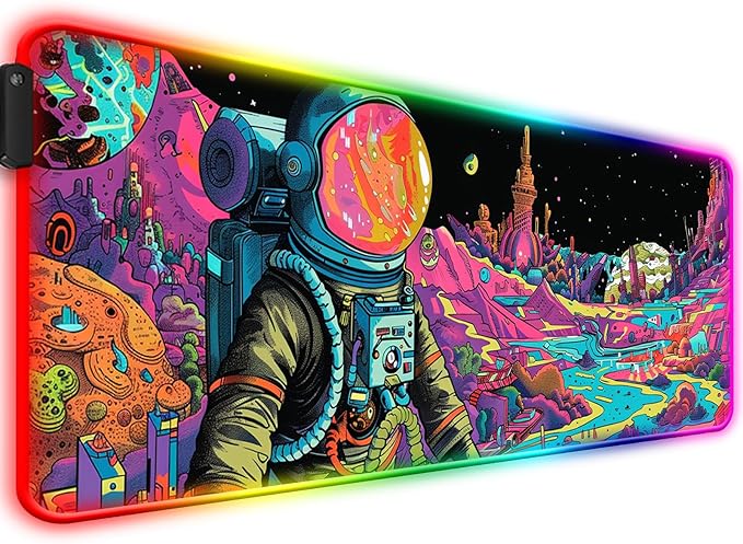 RGB Fantasy Planet Space Gaming Desk Mat, Computer Keyboard Large Extended Astronaut LED Mouse Pad for Office and Home, 31.5×11.8 Inches, XL